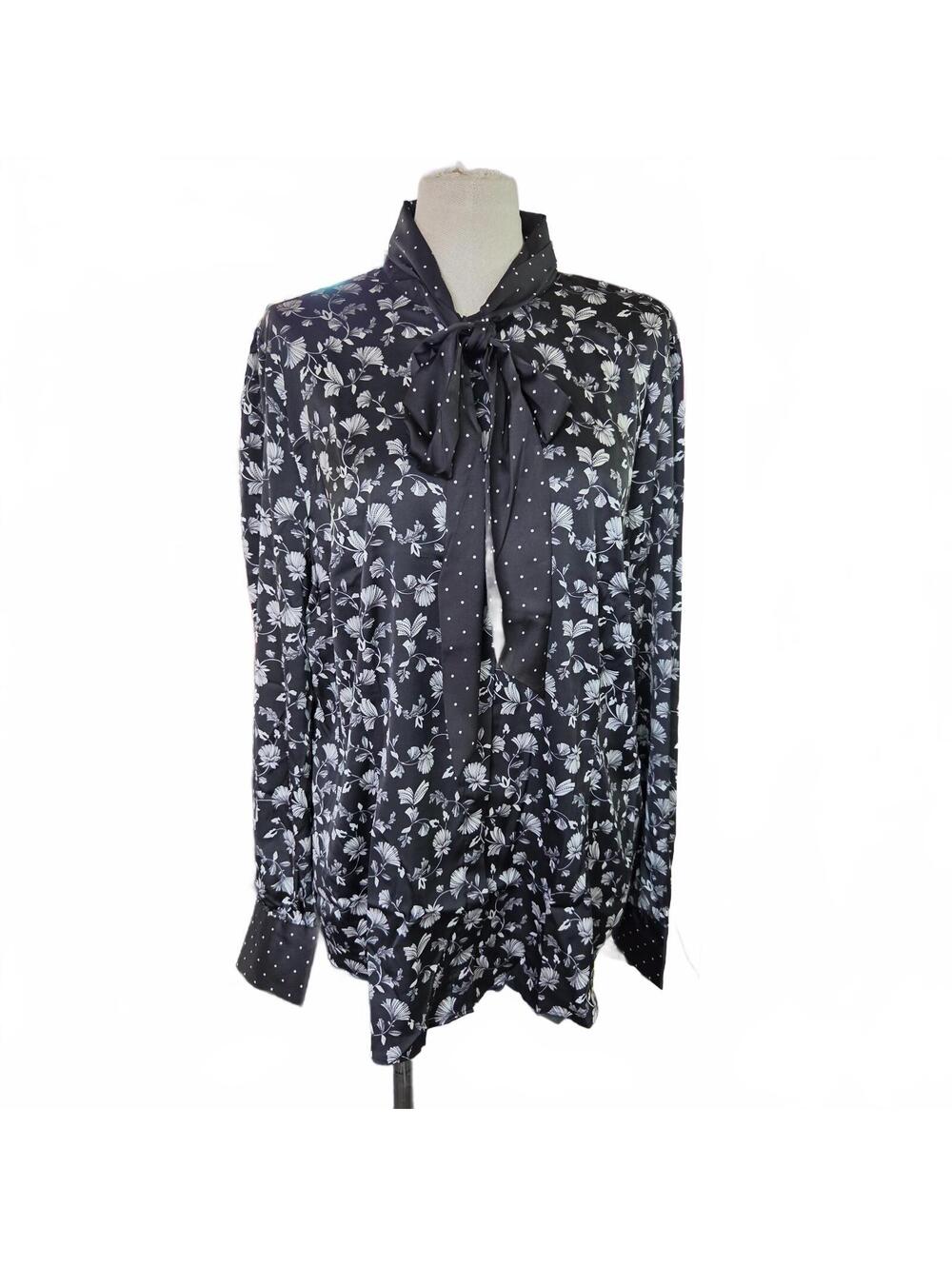 Hawes & Curtis Black White Floral Print Long Sleeve Blouse w/ Bow Tie NEW SZ 18